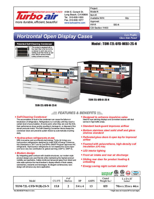 Turbo Air TOM-72L-UFD-B-2S-N 70 3/4" Black Low Profile Horizontal Open Air Cooler w/ (2) Levels – Ultra Front Deluxe Merchandiser, 220v/1ph - Bakery Wholesalers