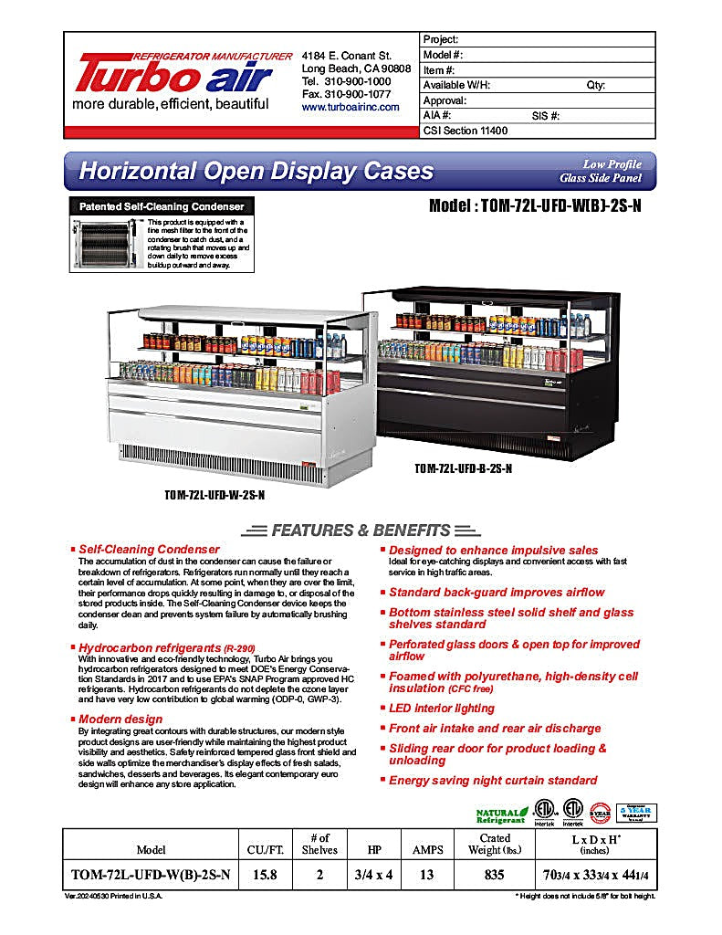 Turbo Air TOM-72L-UFD-W-2S-N 70 3/4" White Low Profile Horizontal Open Air Cooler w/ (2) Levels – Ultra Front Deluxe Merchandiser, 220v/1ph - Donut-Equipment.com