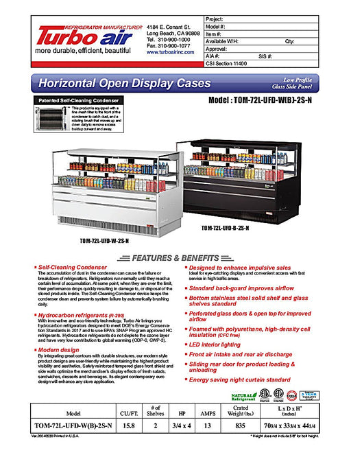 Turbo Air TOM-72L-UFD-W-2S-N 70 3/4" White Low Profile Horizontal Open Air Cooler w/ (2) Levels – Ultra Front Deluxe Merchandiser, 220v/1ph - Donut-Equipment.com