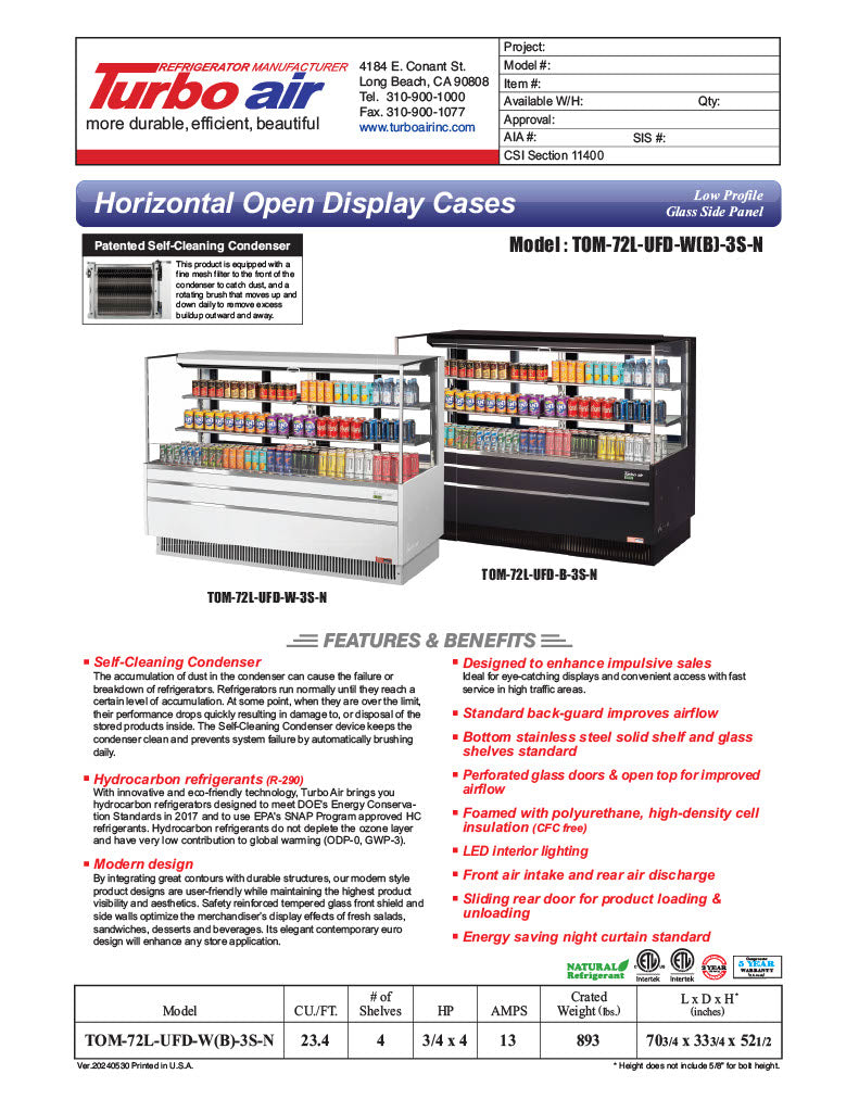 Turbo Air TOM-72L-UFD-W-3S-N 70 3/4" White Low Profile Horizontal Open Air Cooler w/ (3) Levels – Ultra Front Deluxe Merchandiser, 220v/1ph - Donut-Equipment.com