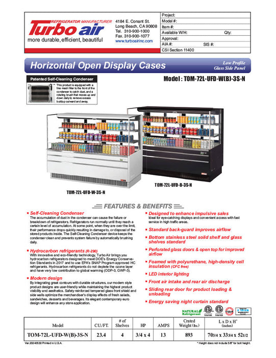 Turbo Air TOM-72L-UFD-W-3S-N 70 3/4" White Low Profile Horizontal Open Air Cooler w/ (3) Levels – Ultra Front Deluxe Merchandiser, 220v/1ph - Bakery Wholesalers