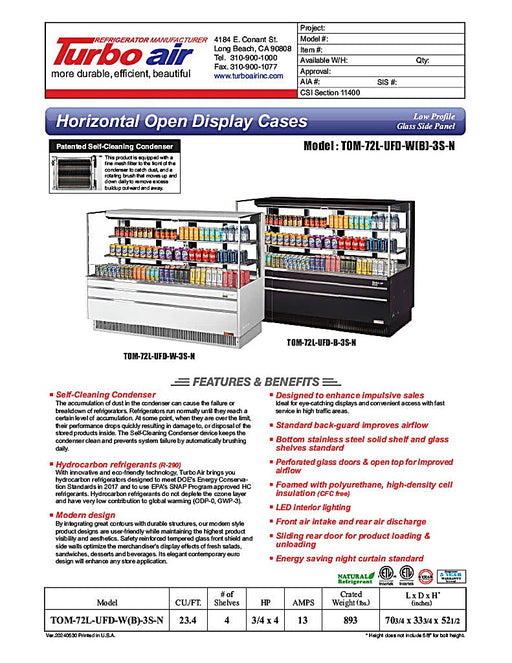 Turbo Air TOM-72L-UFD-W-3S-N 70 3/4" White Low Profile Horizontal Open Air Cooler w/ (3) Levels – Ultra Front Deluxe Merchandiser, 220v/1ph - Donut-Equipment.com