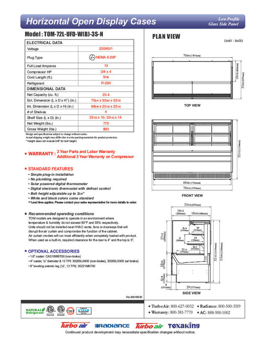 Turbo Air TOM-72L-UFD-B-3S-N 70 3/4" Black Low Profile Horizontal Open Air Cooler w/ (3) Levels – Ultra Front Deluxe Merchandiser, 220v/1ph - Bakery Wholesalers