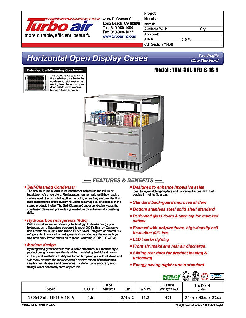 Turbo Air TOM-36L-UFD-S-1S-N 34 3/4" Stainless Steel Low Profile Horizontal Open Air Cooler w/ (1) Level – Ultra Front Deluxe Merchandiser, 115v - Donut-Equipment.com