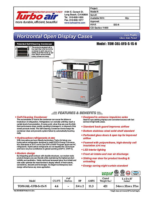Turbo Air TOM-36L-UFD-S-1S-N 34 3/4" Stainless Steel Low Profile Horizontal Open Air Cooler w/ (1) Level – Ultra Front Deluxe Merchandiser, 115v - Donut-Equipment.com
