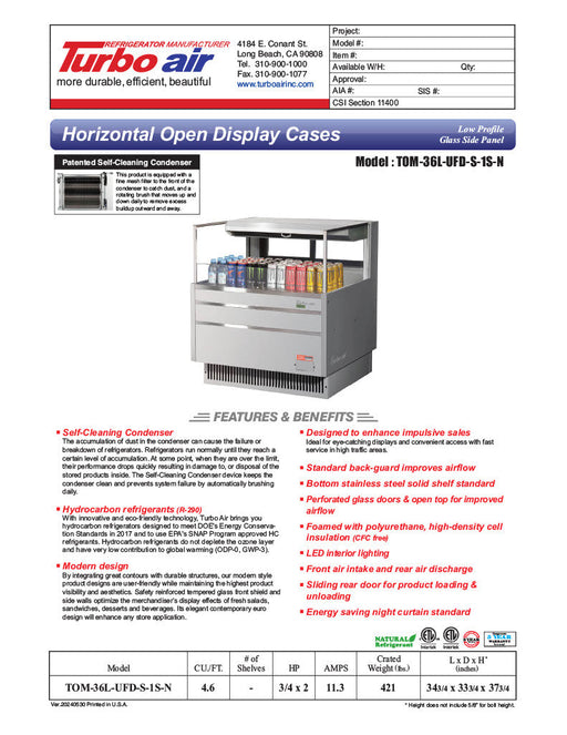 Turbo Air TOM-36L-UFD-S-1S-N 34 3/4" Stainless Steel Low Profile Horizontal Open Air Cooler w/ (1) Level – Ultra Front Deluxe Merchandiser, 115v - Bakery Wholesalers