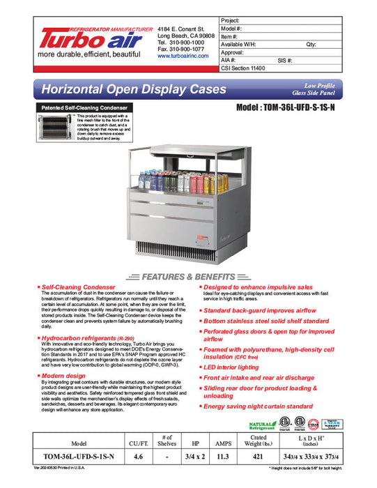 Turbo Air TOM-36L-UFD-S-1S-N 34 3/4" Stainless Steel Low Profile Horizontal Open Air Cooler w/ (1) Level – Ultra Front Deluxe Merchandiser, 115v - Bakery Wholesalers