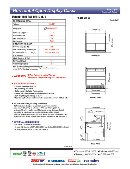 Turbo Air TOM-36L-UFD-S-1S-N 34 3/4" Stainless Steel Low Profile Horizontal Open Air Cooler w/ (1) Level – Ultra Front Deluxe Merchandiser, 115v - Bakery Wholesalers