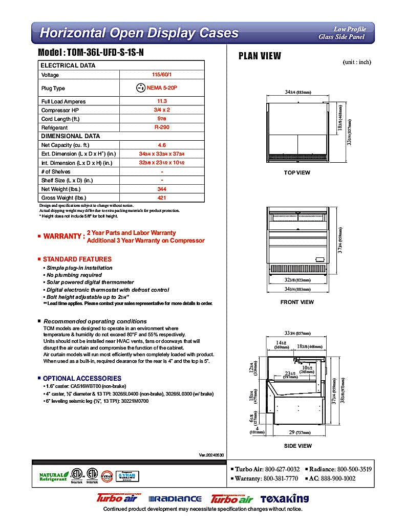 Turbo Air TOM-36L-UFD-S-1S-N 34 3/4" Stainless Steel Low Profile Horizontal Open Air Cooler w/ (1) Level – Ultra Front Deluxe Merchandiser, 115v - Donut-Equipment.com