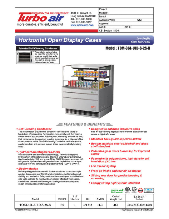 Turbo Air TOM-36L-UFD-S-2S-N 34 3/4" Stainless Steel Low Profile Horizontal Open Air Cooler w/ (2) Levels – Ultra Front Deluxe Merchandiser, 115v - Bakery Wholesalers