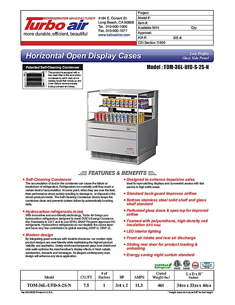 Turbo Air TOM-36L-UFD-S-2S-N 34 3/4" Stainless Steel Low Profile Horizontal Open Air Cooler w/ (2) Levels – Ultra Front Deluxe Merchandiser, 115v - Donut-Equipment.com