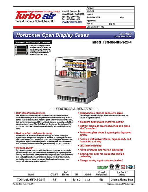 Turbo Air TOM-36L-UFD-S-2S-N 34 3/4" Stainless Steel Low Profile Horizontal Open Air Cooler w/ (2) Levels – Ultra Front Deluxe Merchandiser, 115v - Donut-Equipment.com