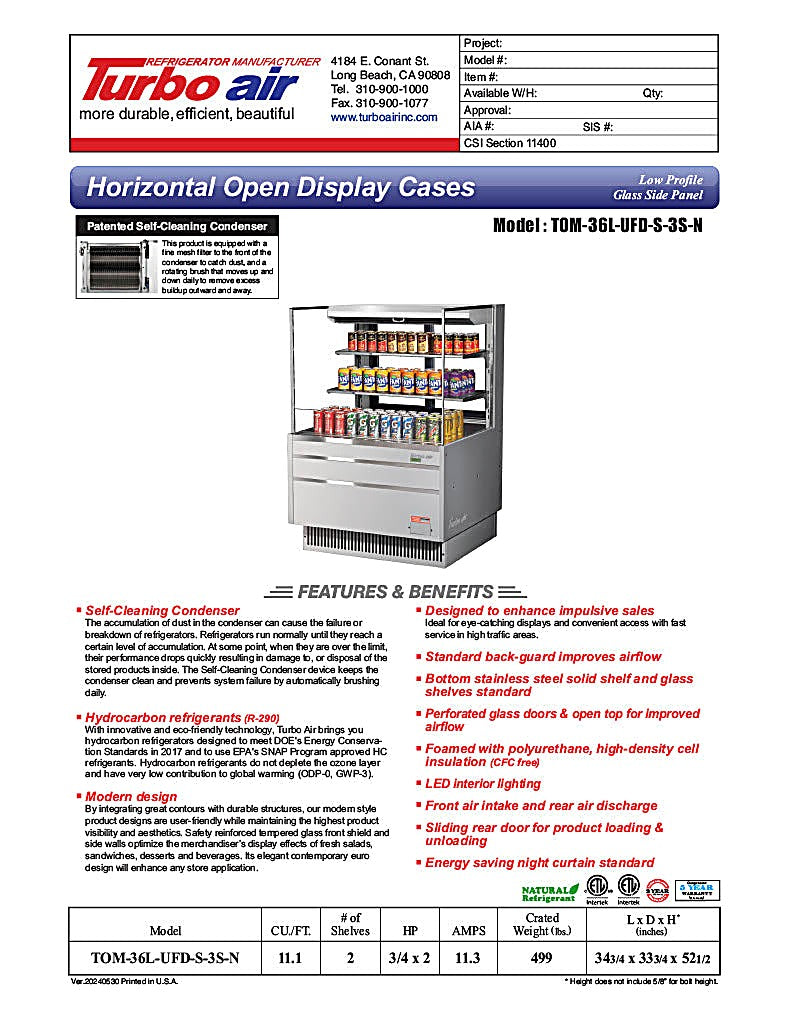 Turbo Air TOM-36L-UFD-S-3S-N 34 3/4" Stainless Steel Low Profile Horizontal Open Air Cooler w/ (3) Levels – Ultra Front Deluxe Merchandiser, 115v - Donut-Equipment.com
