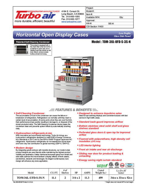 Turbo Air TOM-36L-UFD-S-3S-N 34 3/4" Stainless Steel Low Profile Horizontal Open Air Cooler w/ (3) Levels – Ultra Front Deluxe Merchandiser, 115v - Bakery Wholesalers
