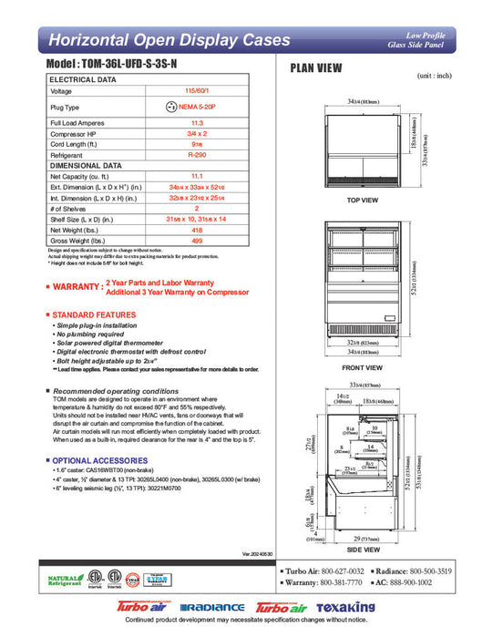 Turbo Air TOM-36L-UFD-S-3S-N 34 3/4" Stainless Steel Low Profile Horizontal Open Air Cooler w/ (3) Levels – Ultra Front Deluxe Merchandiser, 115v - Bakery Wholesalers