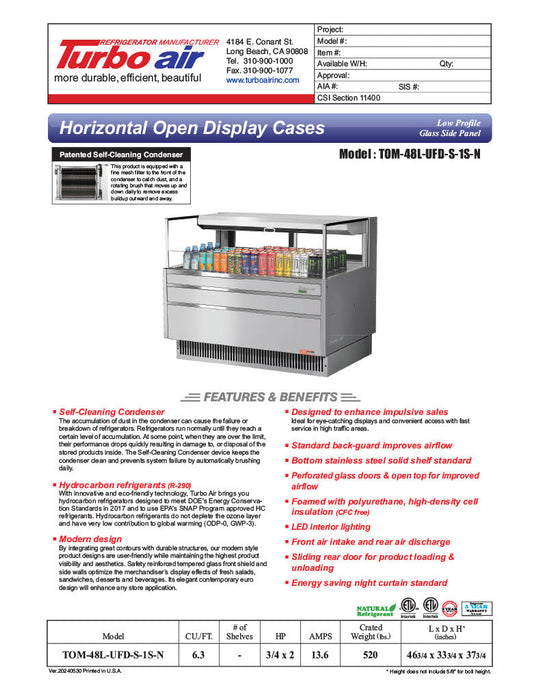 Turbo Air TOM-48L-UFD-S-1S-N 46 3/4" Stainless Steel Low Profile Horizontal Open Air Cooler w/ (1) Level – Ultra Front Deluxe Merchandiser, 115v - Bakery Wholesalers