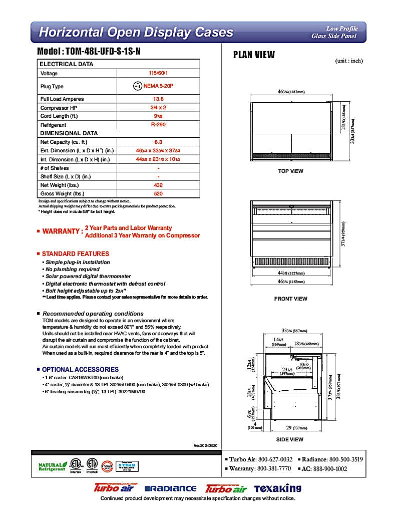 Turbo Air TOM-48L-UFD-S-1S-N 46 3/4" Stainless Steel Low Profile Horizontal Open Air Cooler w/ (1) Level – Ultra Front Deluxe Merchandiser, 115v - Donut-Equipment.com