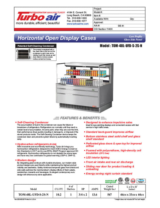 Turbo Air TOM-48L-UFD-S-2S-N 46 3/4" Stainless Steel Low Profile Horizontal Open Air Cooler w/ (2) Levels – Ultra Front Deluxe Merchandiser, 115v - Bakery Wholesalers