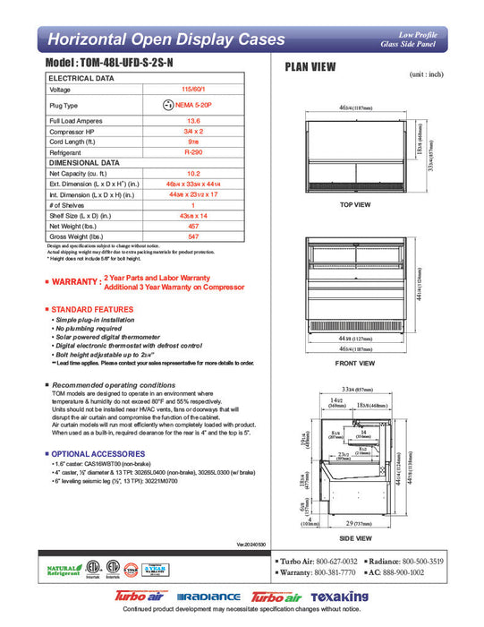 Turbo Air TOM-48L-UFD-S-2S-N 46 3/4" Stainless Steel Low Profile Horizontal Open Air Cooler w/ (2) Levels – Ultra Front Deluxe Merchandiser, 115v - Bakery Wholesalers