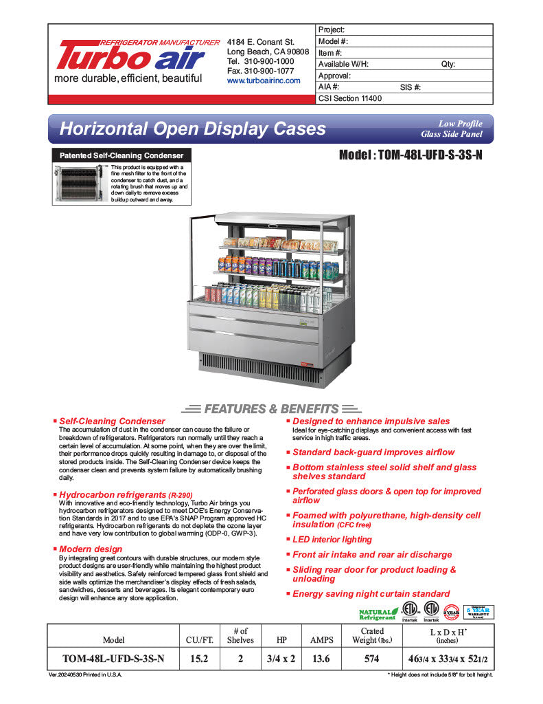Turbo Air TOM-48L-UFD-S-3S-N 46 3/4" Stainless Steel Low Profile Horizontal Open Air Cooler w/ (3) Levels – Ultra Front Deluxe Merchandiser, 115v - Donut-Equipment.com