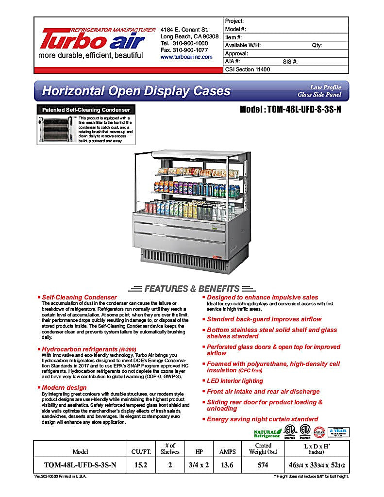 Turbo Air TOM-48L-UFD-S-3S-N 46 3/4" Stainless Steel Low Profile Horizontal Open Air Cooler w/ (3) Levels – Ultra Front Deluxe Merchandiser, 115v - Donut-Equipment.com