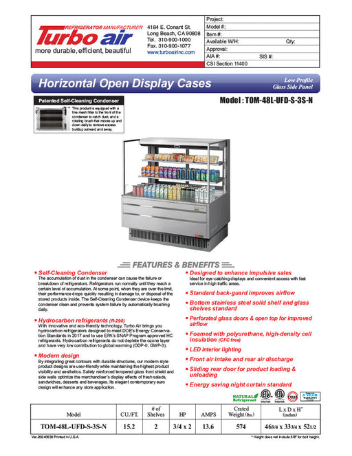 Turbo Air TOM-48L-UFD-S-3S-N 46 3/4" Stainless Steel Low Profile Horizontal Open Air Cooler w/ (3) Levels – Ultra Front Deluxe Merchandiser, 115v - Bakery Wholesalers