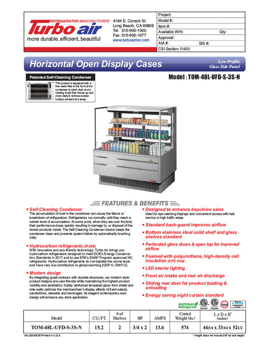 Turbo Air TOM-48L-UFD-S-3S-N 46 3/4" Stainless Steel Low Profile Horizontal Open Air Cooler w/ (3) Levels – Ultra Front Deluxe Merchandiser, 115v - Bakery Wholesalers