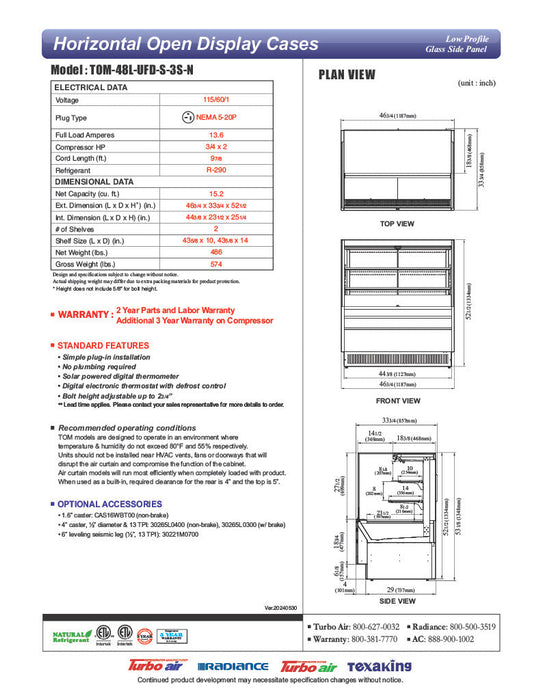 Turbo Air TOM-48L-UFD-S-3S-N 46 3/4" Stainless Steel Low Profile Horizontal Open Air Cooler w/ (3) Levels – Ultra Front Deluxe Merchandiser, 115v - Bakery Wholesalers