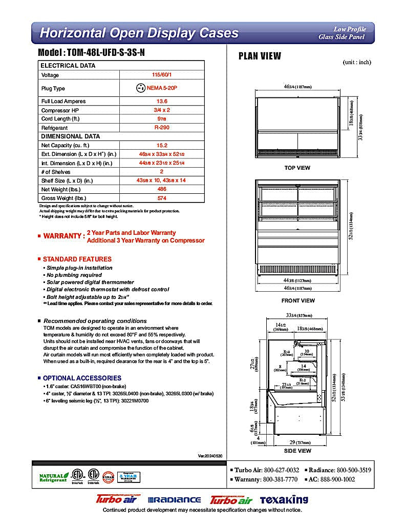 Turbo Air TOM-48L-UFD-S-3S-N 46 3/4" Stainless Steel Low Profile Horizontal Open Air Cooler w/ (3) Levels – Ultra Front Deluxe Merchandiser, 115v - Donut-Equipment.com