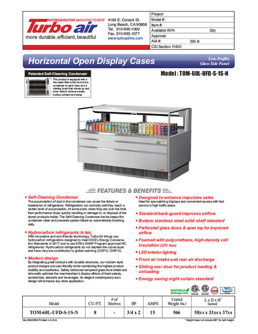 Turbo Air TOM-60L-UFD-S-1S-N 58 3/4" Stainless Steel Low Profile Horizontal Open Air Cooler w/ (1) Level – Ultra Front Deluxe Merchandiser, 115v - Bakery Wholesalers