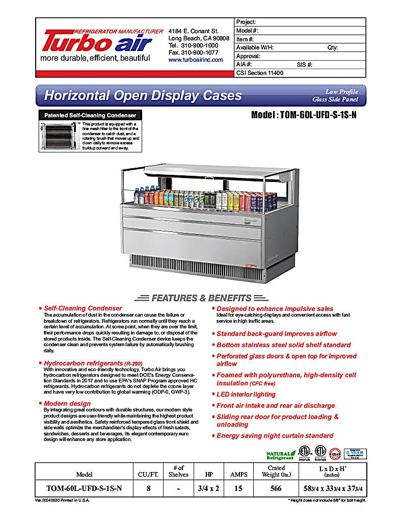 Turbo Air TOM-60L-UFD-S-1S-N 58 3/4" Stainless Steel Low Profile Horizontal Open Air Cooler w/ (1) Level – Ultra Front Deluxe Merchandiser, 115v - Donut-Equipment.com