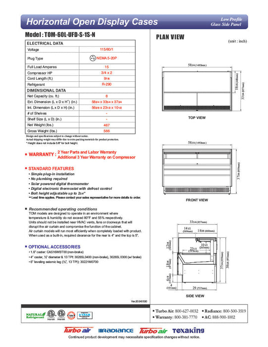 Turbo Air TOM-60L-UFD-S-1S-N 58 3/4" Stainless Steel Low Profile Horizontal Open Air Cooler w/ (1) Level – Ultra Front Deluxe Merchandiser, 115v - Bakery Wholesalers