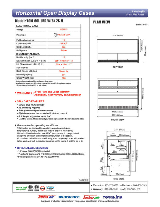 Turbo Air TOM-60L-UFD-S-2S-N 58 3/4" Stainless Steel Low Profile Horizontal Open Air Cooler w/ (2) Levels – Ultra Front Deluxe Merchandiser, 115v - Bakery Wholesalers