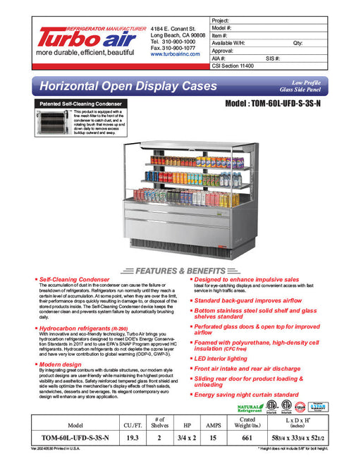 Turbo Air TOM-60L-UFD-S-3S-N 58 3/4" Stainless Steel Low Profile Horizontal Open Air Cooler w/ (3) Levels – Ultra Front Deluxe Merchandiser, 115v - Bakery Wholesalers