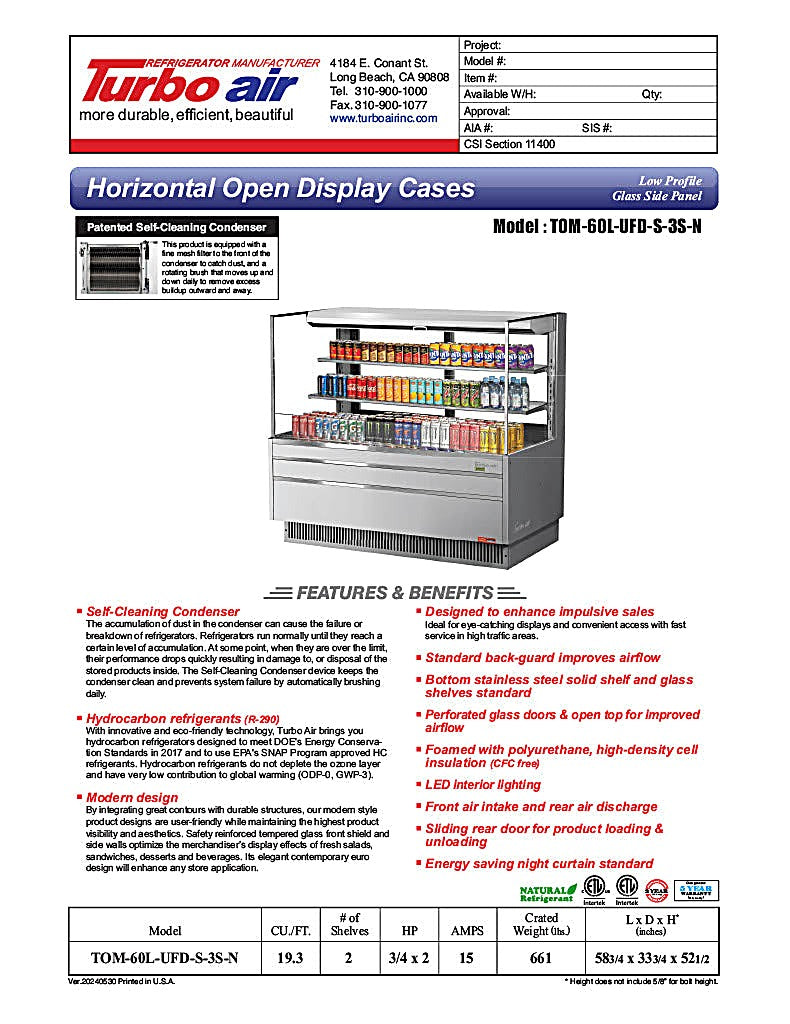 Turbo Air TOM-60L-UFD-S-3S-N 58 3/4" Stainless Steel Low Profile Horizontal Open Air Cooler w/ (3) Levels – Ultra Front Deluxe Merchandiser, 115v - Donut-Equipment.com