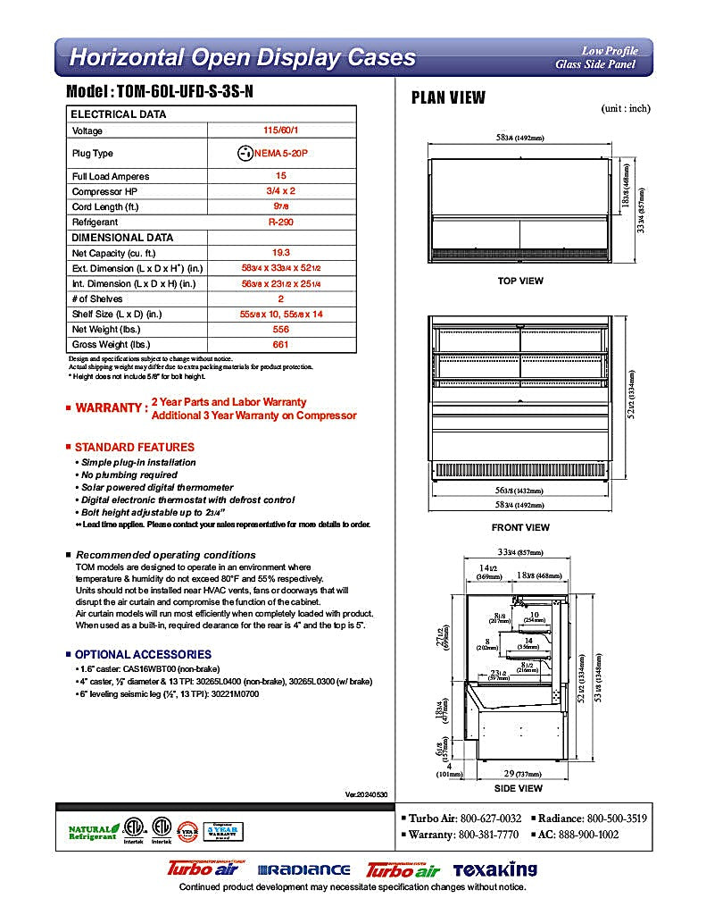 Turbo Air TOM-60L-UFD-S-3S-N 58 3/4" Stainless Steel Low Profile Horizontal Open Air Cooler w/ (3) Levels – Ultra Front Deluxe Merchandiser, 115v - Donut-Equipment.com