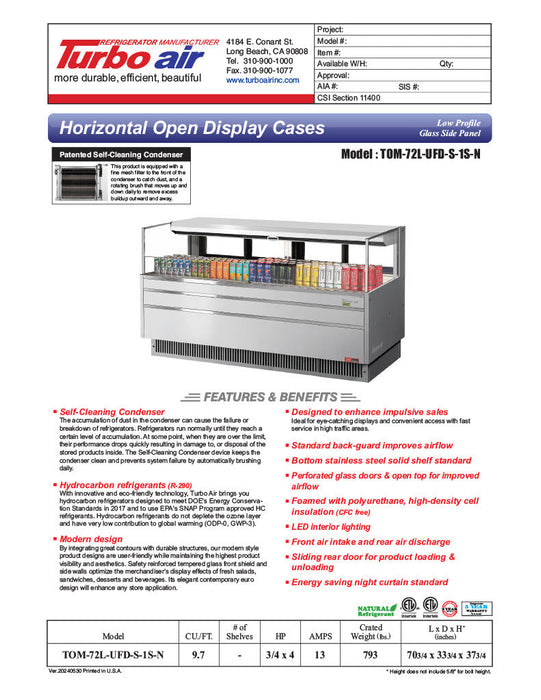 Turbo Air TOM-72L-UFD-S-1S-N 70 3/4" Stainless Steel Low Profile Horizontal Open Air Cooler w/ (1) Level – Ultra Front Deluxe Merchandiser, 220v/1ph - Bakery Wholesalers