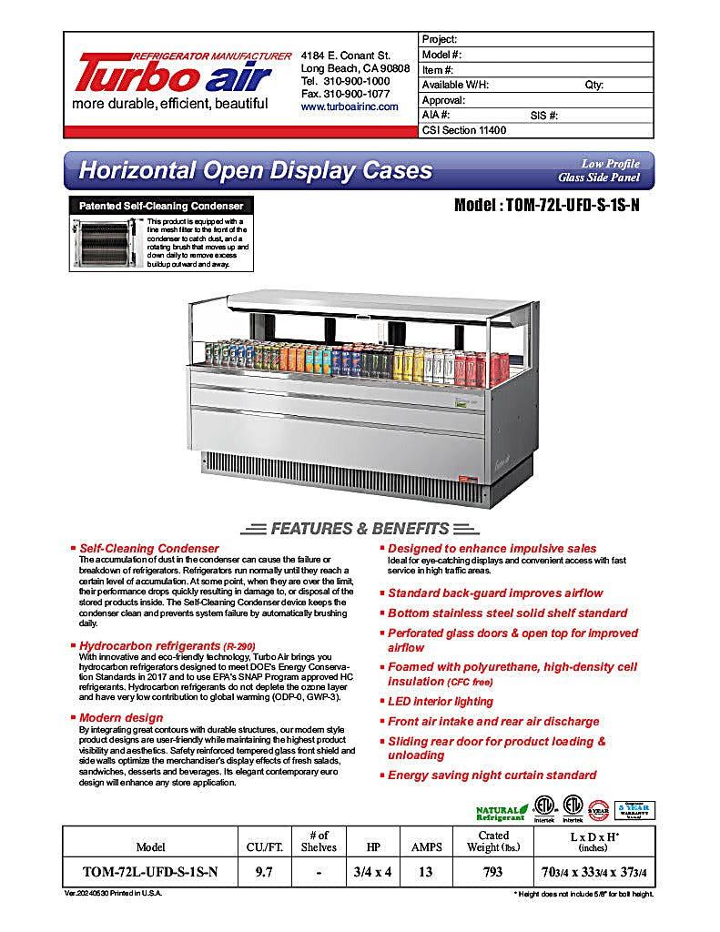 Turbo Air TOM-72L-UFD-S-1S-N 70 3/4" Stainless Steel Low Profile Horizontal Open Air Cooler w/ (1) Level – Ultra Front Deluxe Merchandiser, 220v/1ph - Donut-Equipment.com
