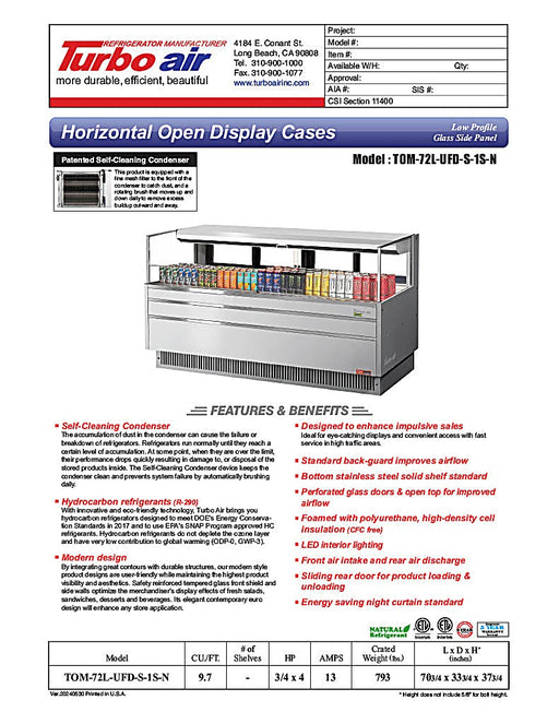 Turbo Air TOM-72L-UFD-S-1S-N 70 3/4" Stainless Steel Low Profile Horizontal Open Air Cooler w/ (1) Level – Ultra Front Deluxe Merchandiser, 220v/1ph - Donut-Equipment.com