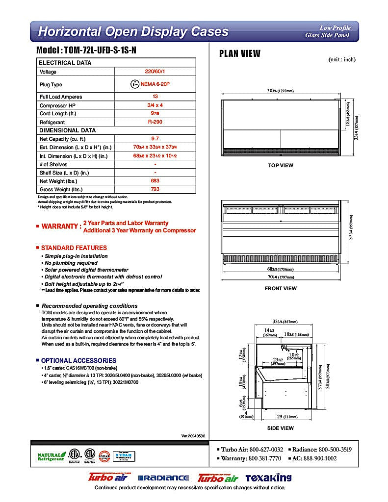 Turbo Air TOM-72L-UFD-S-1S-N 70 3/4" Stainless Steel Low Profile Horizontal Open Air Cooler w/ (1) Level – Ultra Front Deluxe Merchandiser, 220v/1ph - Donut-Equipment.com