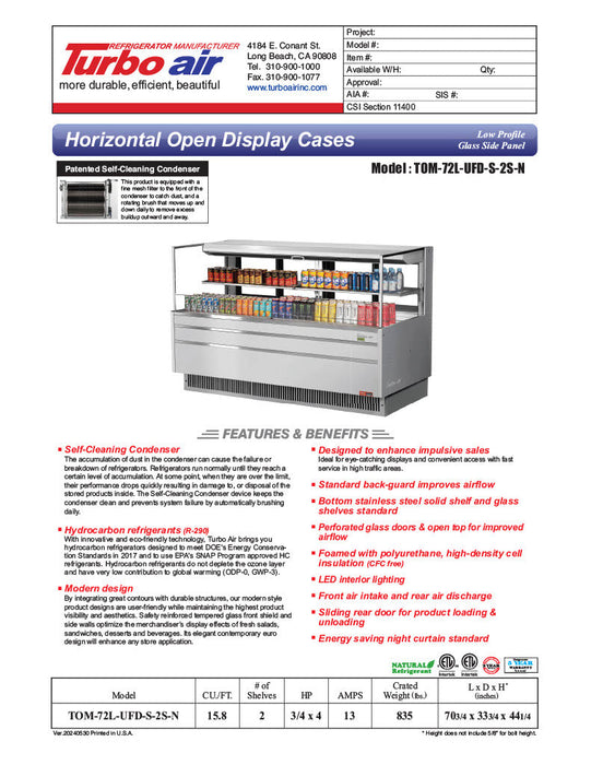 Turbo Air TOM-72L-UFD-S-2S-N 70 3/4" Stainless Steel Low Profile Horizontal Open Air Cooler w/ (2) Levels – Ultra Front Deluxe Merchandiser, 220v/1ph - Bakery Wholesalers