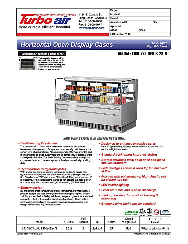 Turbo Air TOM-72L-UFD-S-2S-N 70 3/4" Stainless Steel Low Profile Horizontal Open Air Cooler w/ (2) Levels – Ultra Front Deluxe Merchandiser, 220v/1ph - Donut-Equipment.com