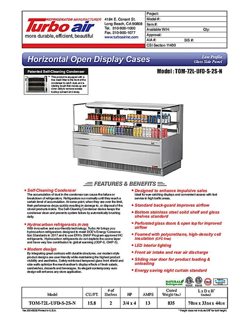 Turbo Air TOM-72L-UFD-S-2S-N 70 3/4" Stainless Steel Low Profile Horizontal Open Air Cooler w/ (2) Levels – Ultra Front Deluxe Merchandiser, 220v/1ph - Donut-Equipment.com