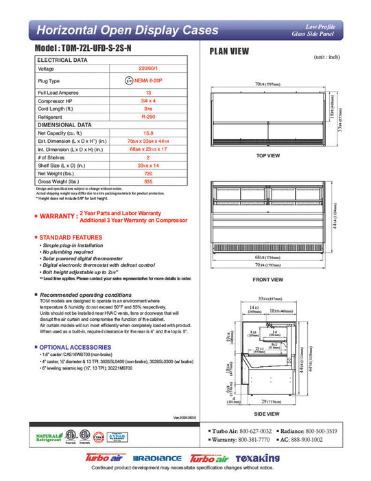 Turbo Air TOM-72L-UFD-S-2S-N 70 3/4" Stainless Steel Low Profile Horizontal Open Air Cooler w/ (2) Levels – Ultra Front Deluxe Merchandiser, 220v/1ph - Bakery Wholesalers