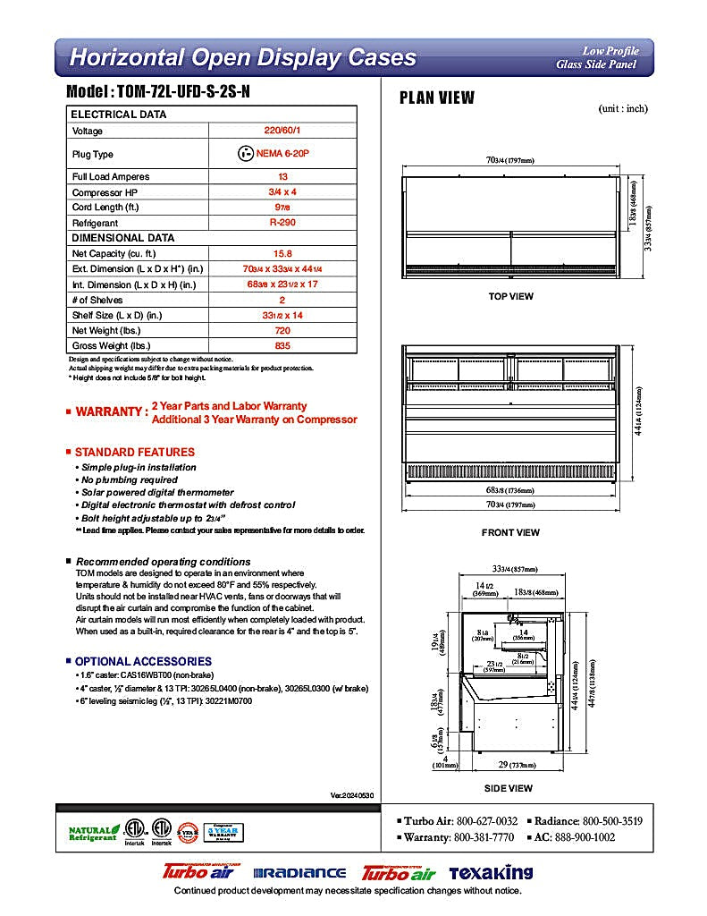 Turbo Air TOM-72L-UFD-S-2S-N 70 3/4" Stainless Steel Low Profile Horizontal Open Air Cooler w/ (2) Levels – Ultra Front Deluxe Merchandiser, 220v/1ph - Donut-Equipment.com