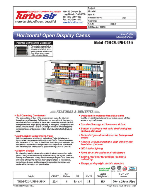 Turbo Air TOM-72L-UFD-S-3S-N 70 3/4" Stainless Steel Low Profile Horizontal Open Air Cooler w/ (3) Levels – Ultra Front Deluxe Merchandiser, 220v/1ph - Bakery Wholesalers