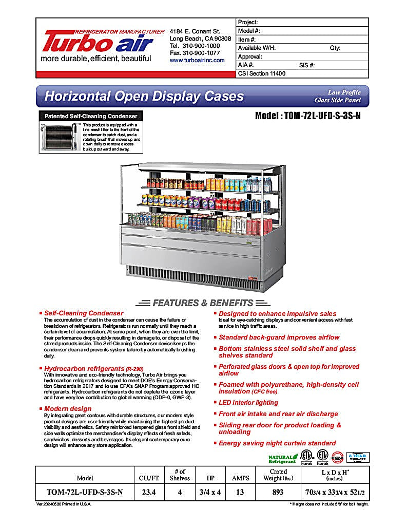 Turbo Air TOM-72L-UFD-S-3S-N 70 3/4" Stainless Steel Low Profile Horizontal Open Air Cooler w/ (3) Levels – Ultra Front Deluxe Merchandiser, 220v/1ph - Donut-Equipment.com