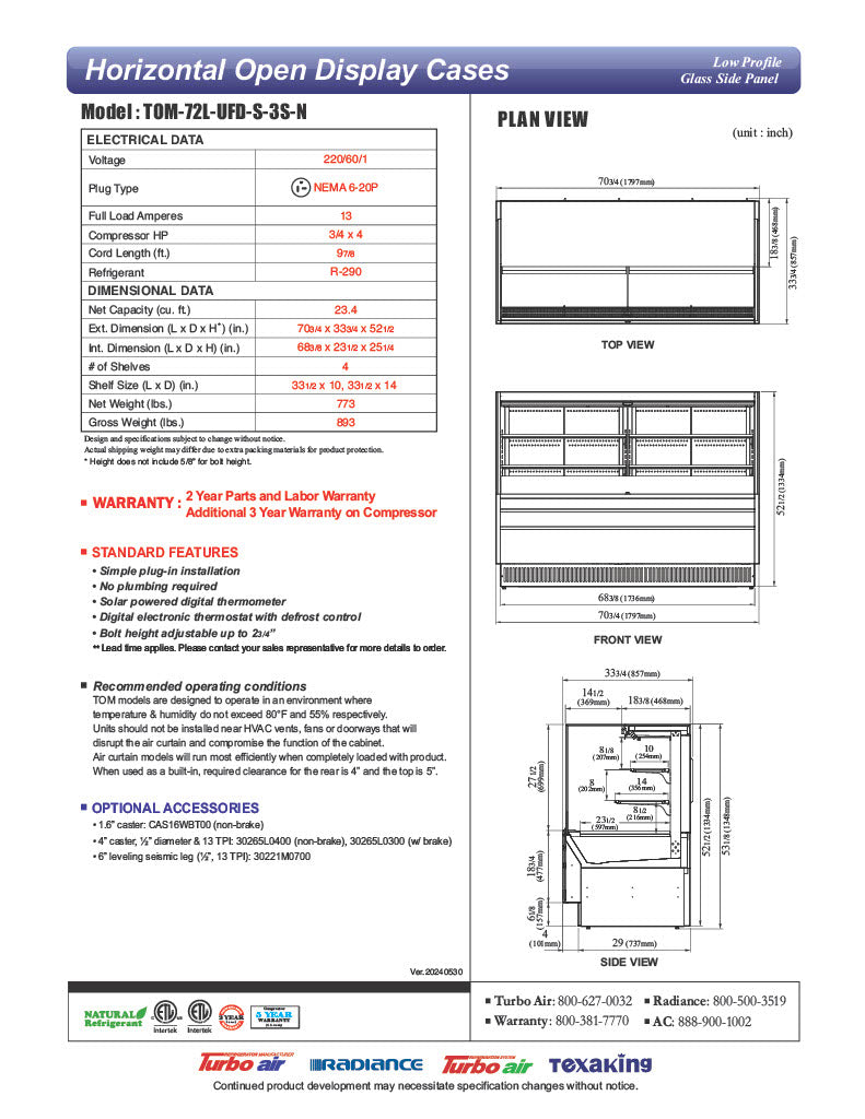Turbo Air TOM-72L-UFD-S-3S-N 70 3/4" Stainless Steel Low Profile Horizontal Open Air Cooler w/ (3) Levels – Ultra Front Deluxe Merchandiser, 220v/1ph - Donut-Equipment.com