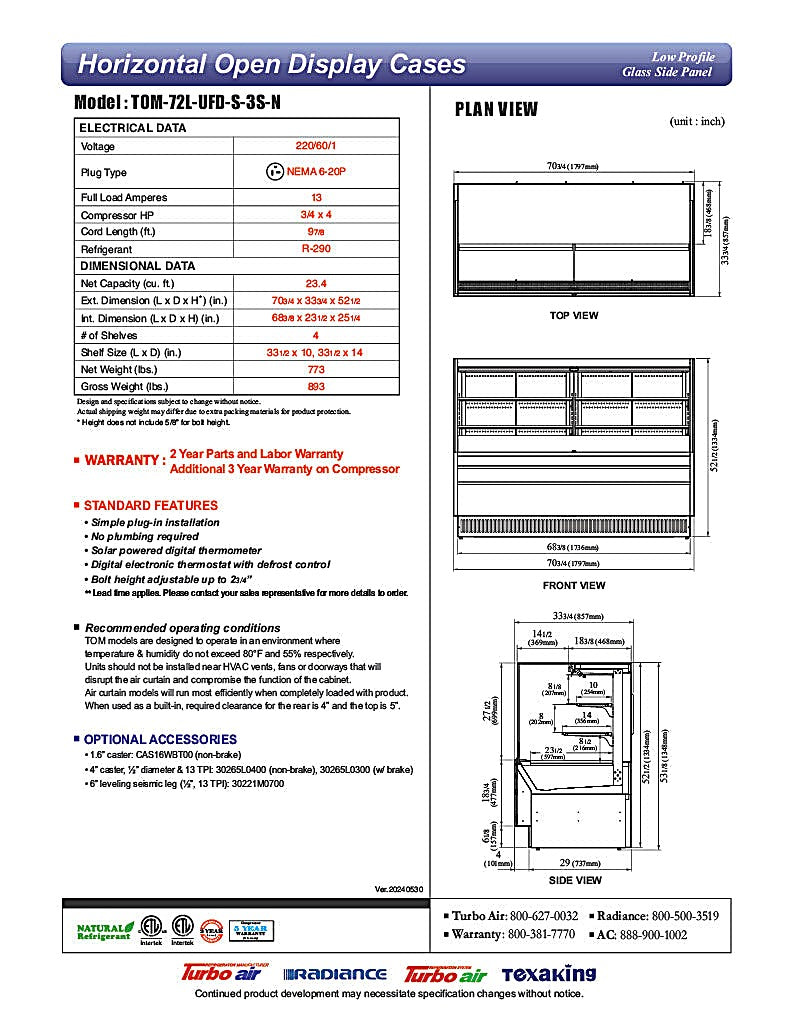 Turbo Air TOM-72L-UFD-S-3S-N 70 3/4" Stainless Steel Low Profile Horizontal Open Air Cooler w/ (3) Levels – Ultra Front Deluxe Merchandiser, 220v/1ph - Donut-Equipment.com
