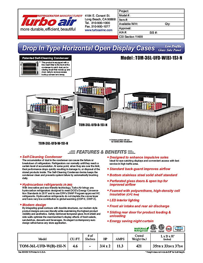 Turbo Air TOM-36L-UFD-W-1SI-N 36" Drop-In Horizontal Open Air Cooler w/ (1) Level – White Exterior, 115v - Donut-Equipment.com